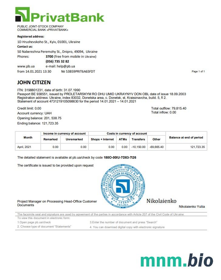 Wyciąg bankowy Ukraine PrivatBank łatwy do wypełnienia szablon w formacie Excel i PDF